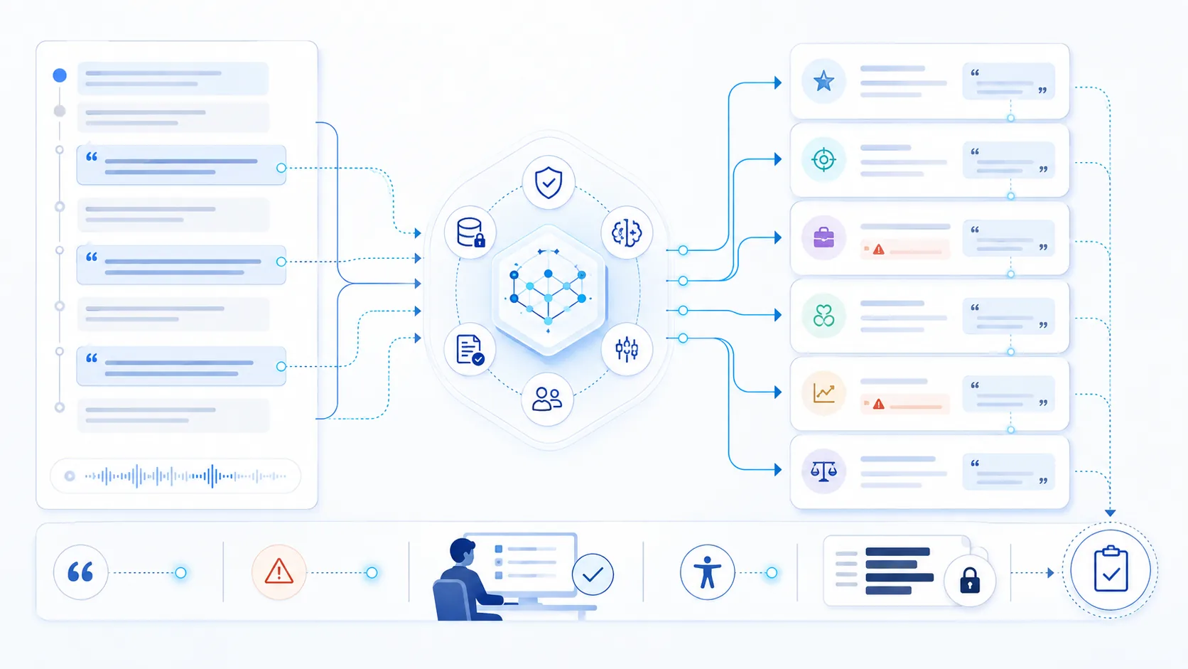 Diagram showing interview evidence moving through governed AI orchestration into six reviewed summary parts