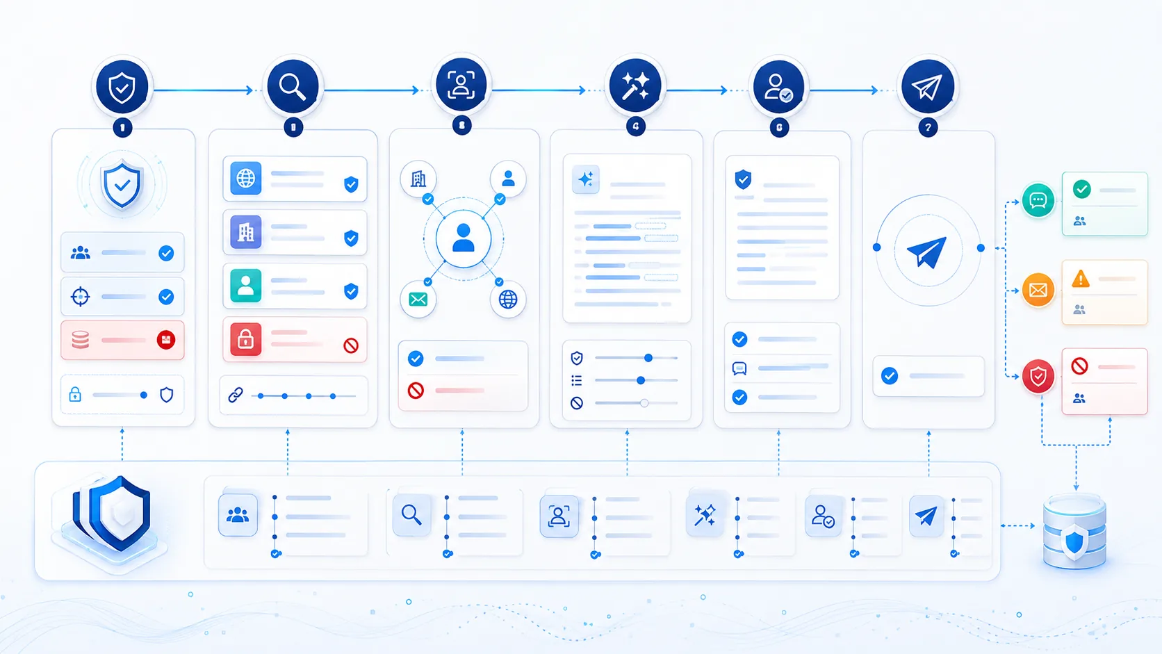 Six-stage governed cold-email workflow from permitted evidence through human approval to sending and suppression feedback