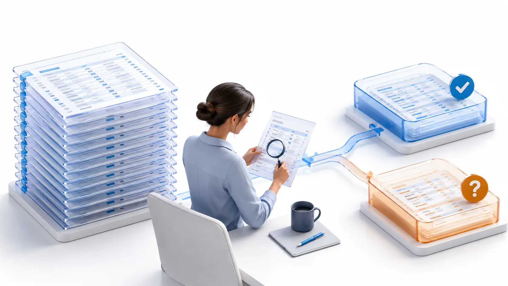 A reviewer examines source records while an intact raw-data stack remains beside separate blue checked-record and amber unresolved-record trays