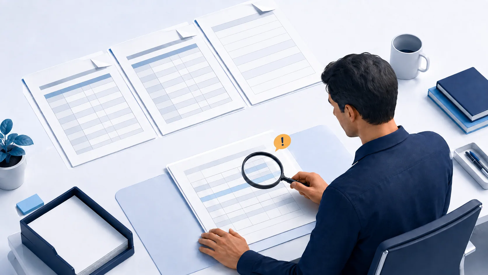 A reviewer uses a magnifying glass to compare three source document pages with a proposed field record and an amber review marker
