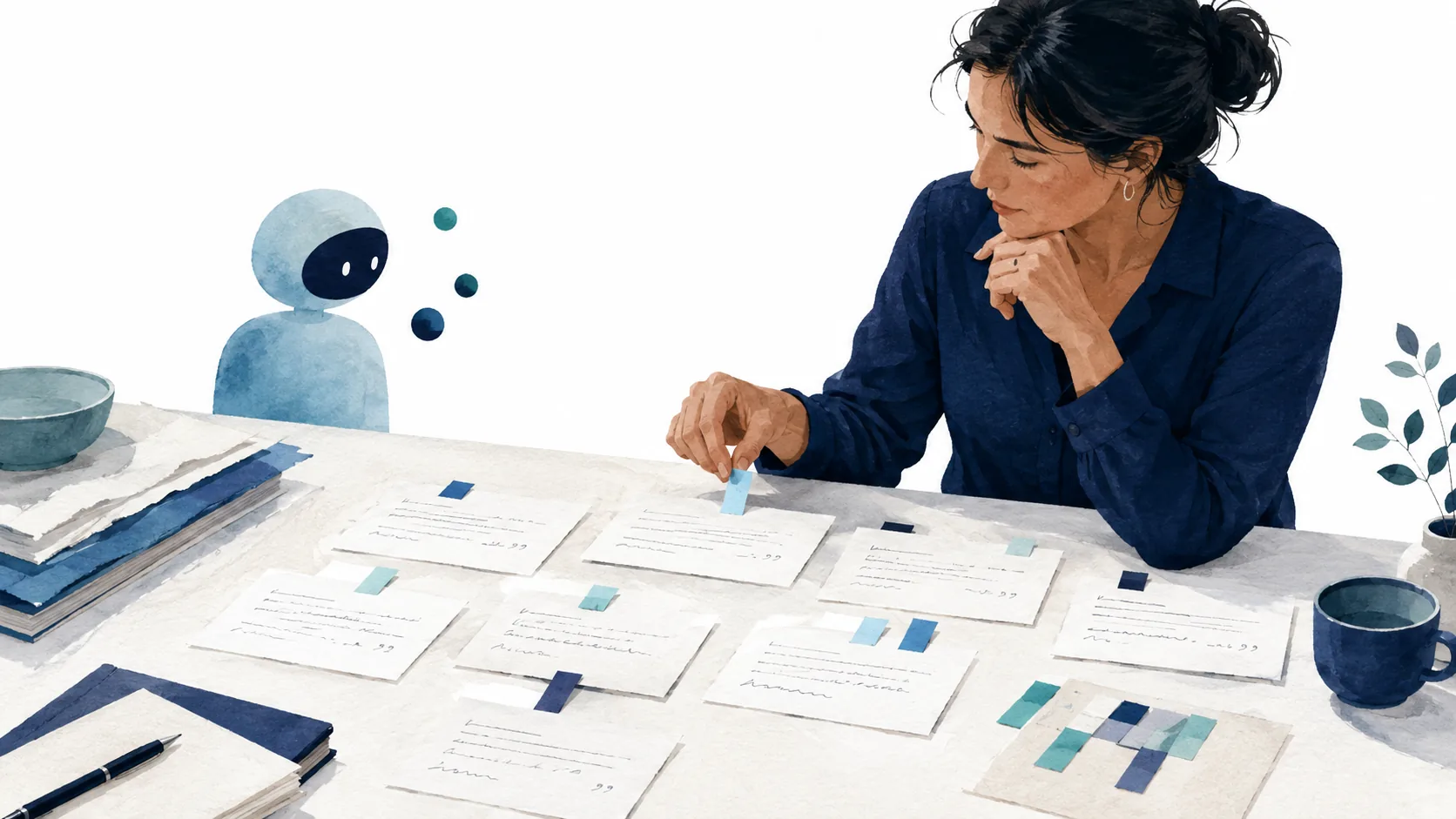 A human researcher reviews survey response cards with coding tabs while an illustrated assistant waits nearby