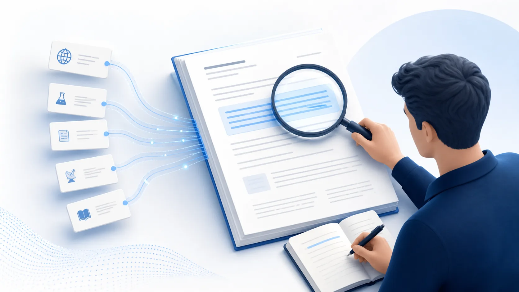 A human reviewer checks a highlighted report claim against linked source records with a magnifying glass and an annotation notebook