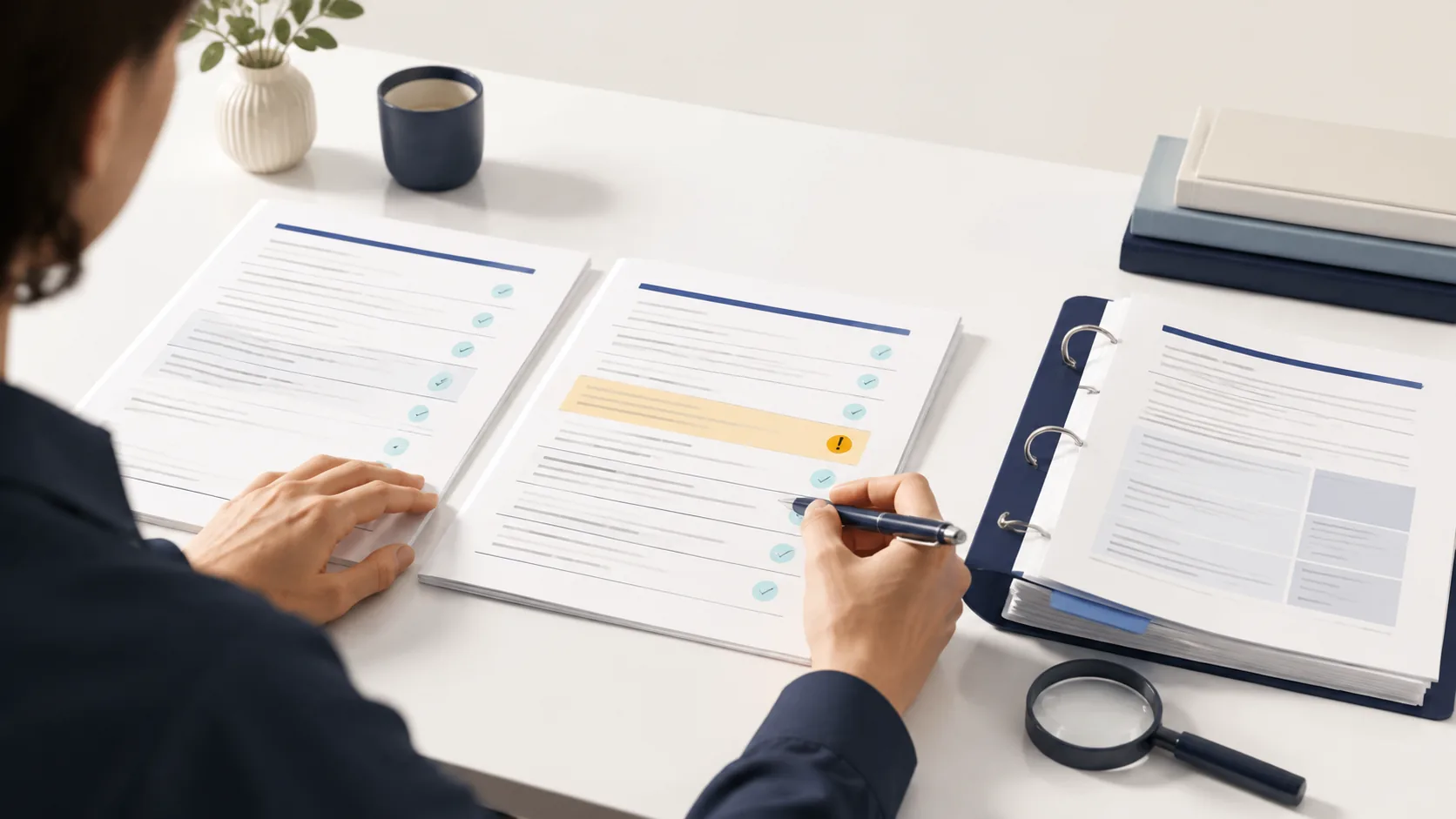A human reviewer compares a proposal requirement sheet with a changed condition and an evidence binder
