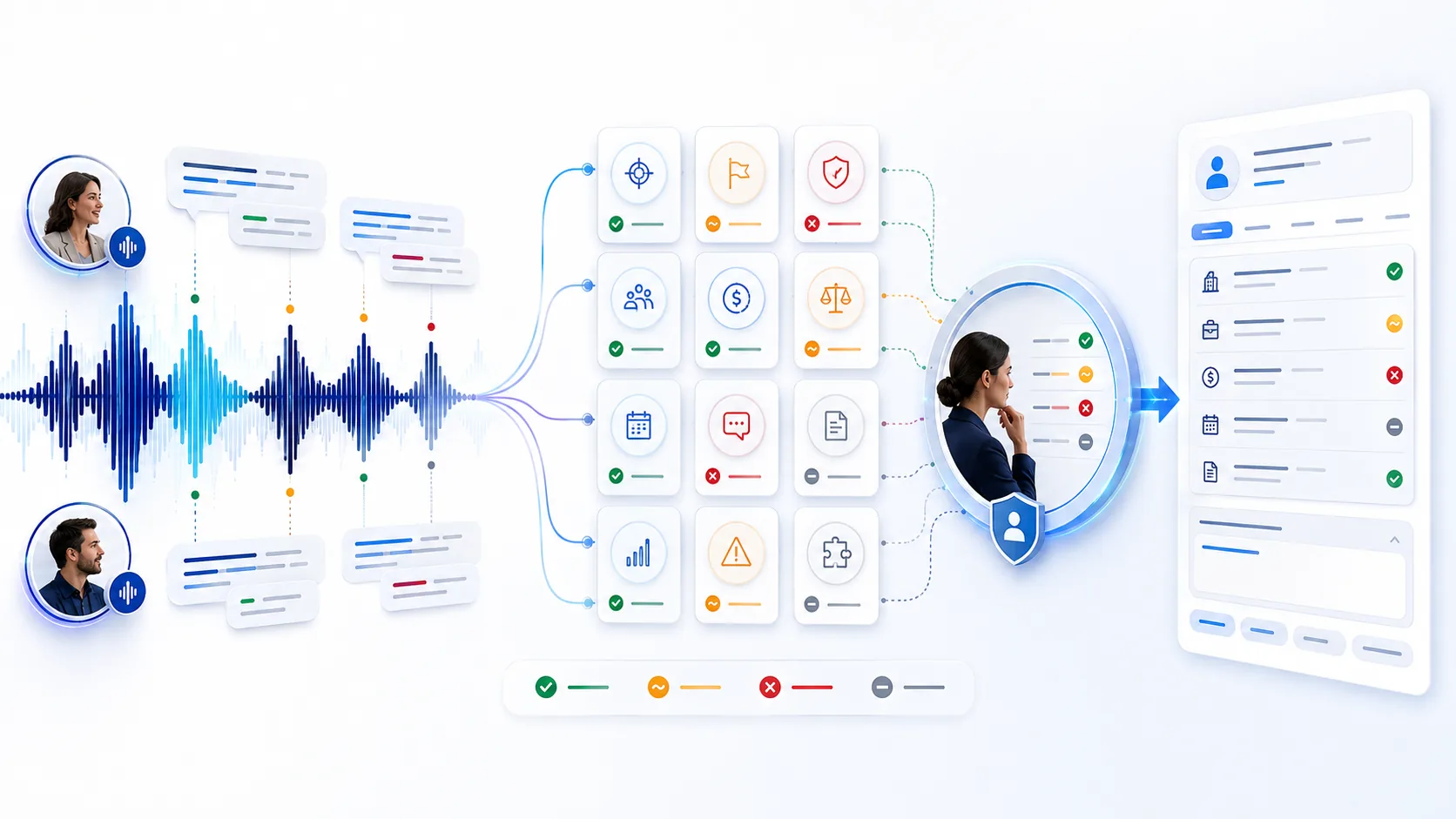 Sales call waveform and speaker evidence passing through twelve risk checks, human review, and a structured CRM record