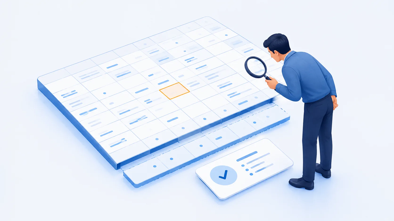 A human reviewer examines a spreadsheet with an amber-marked cell, a detached final row and a separate checked exception record