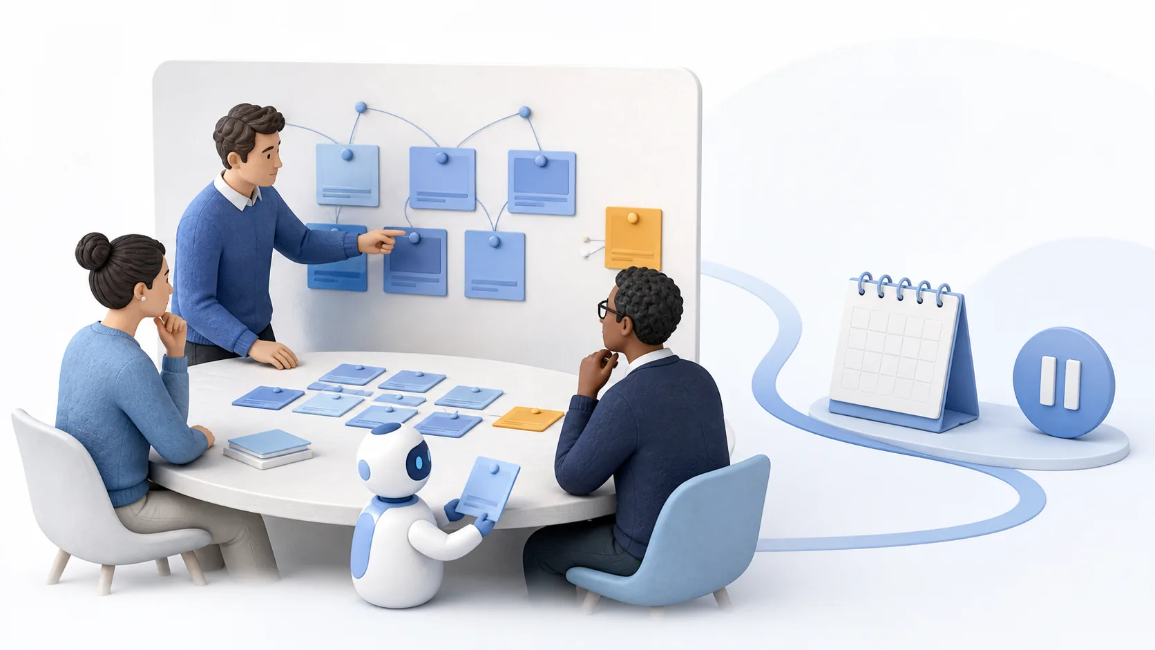 Three team members review blue evidence cards with an AI assistant while an amber dissenting note remains separate and a calendar marks the next decision