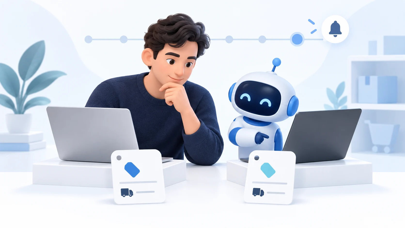 Human analyst and blue AI assistant comparing price and shipping tags beside laptops