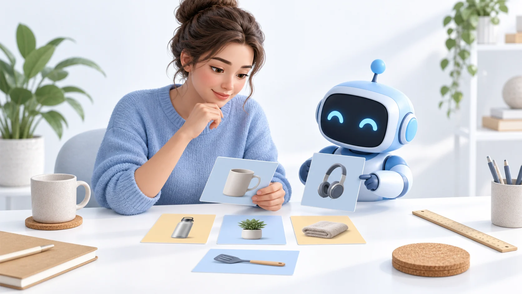 An editor and blue AI assistant review product images together at a desk