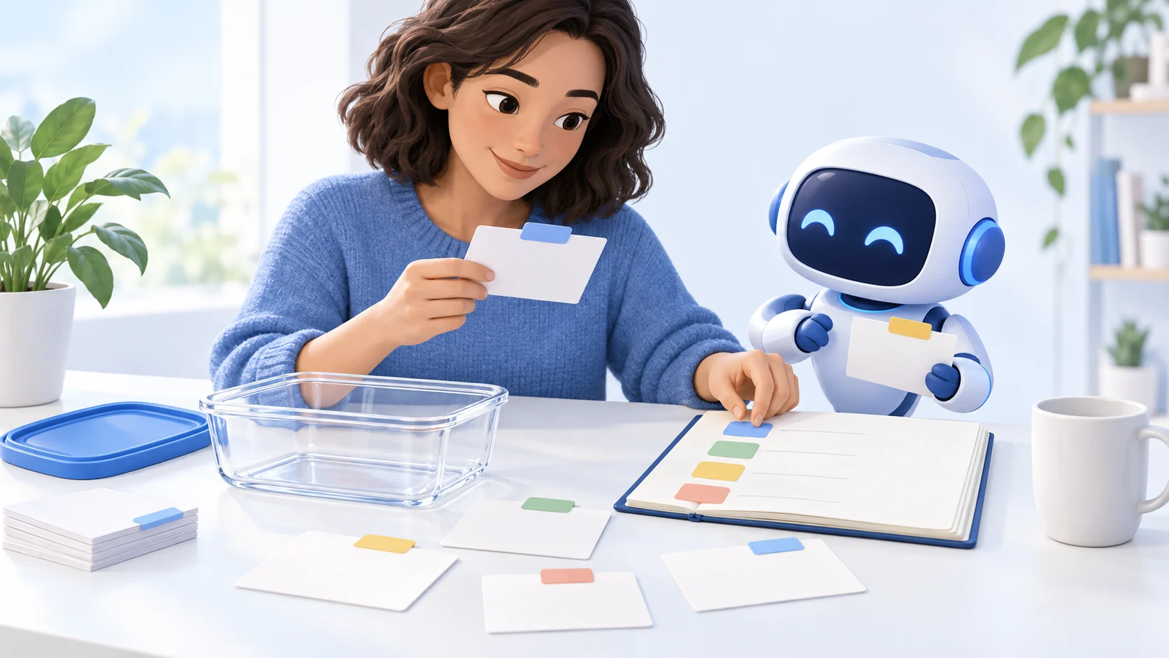 Analyst and blue AI assistant sorting feedback cards beside a food-storage container and a topic notebook