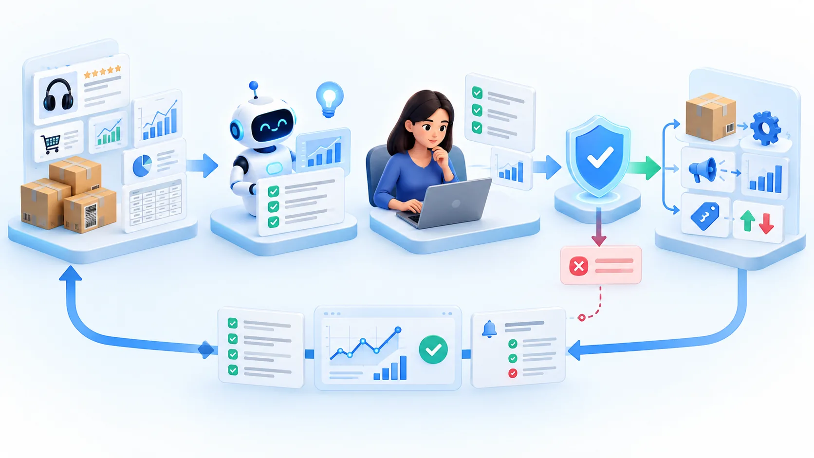 Conceptual illustration of seller records moving through an AI assistant, human review and follow-up checks