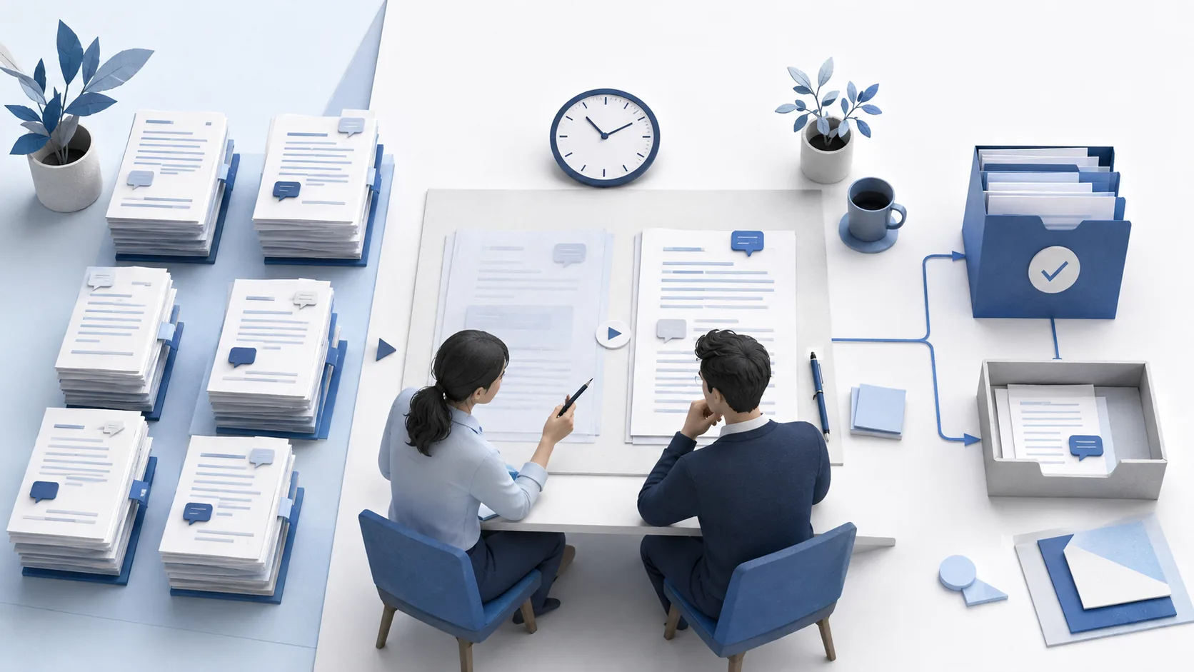 Two reviewers compare meeting transcript versions beside a clock, separate document stacks and an approved-decision folder