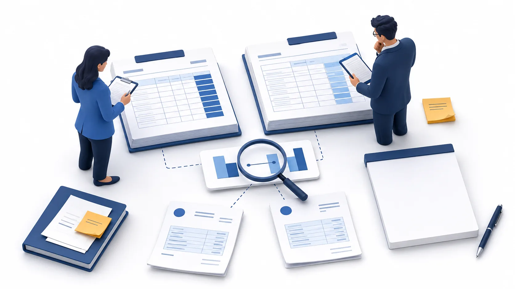 Two finance reviewers compare budget and actual ledgers with supporting records and an unresolved note