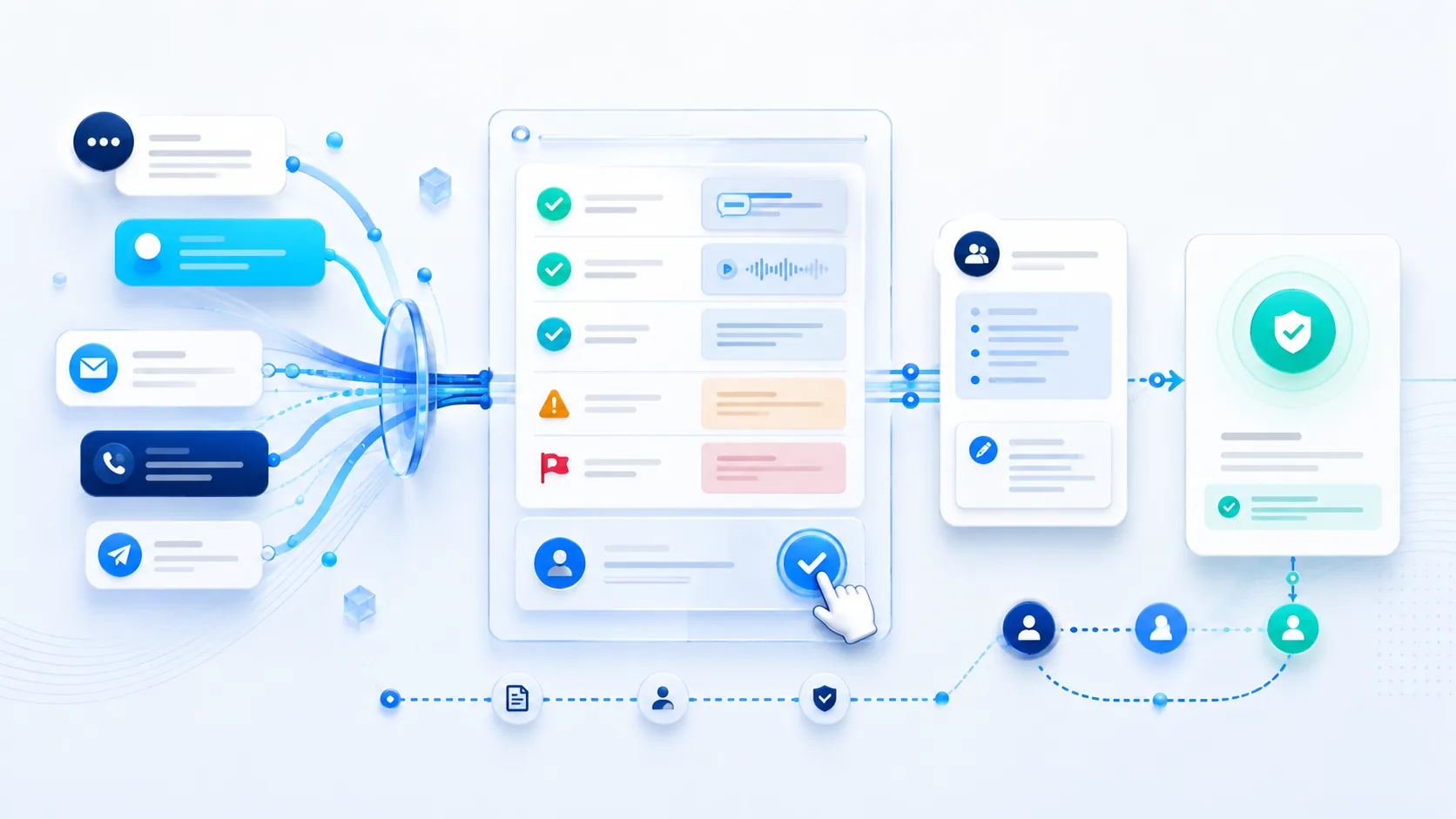 Customer support conversations pass through evidence-based quality checks, human review, corrective action, and an auditable outcome