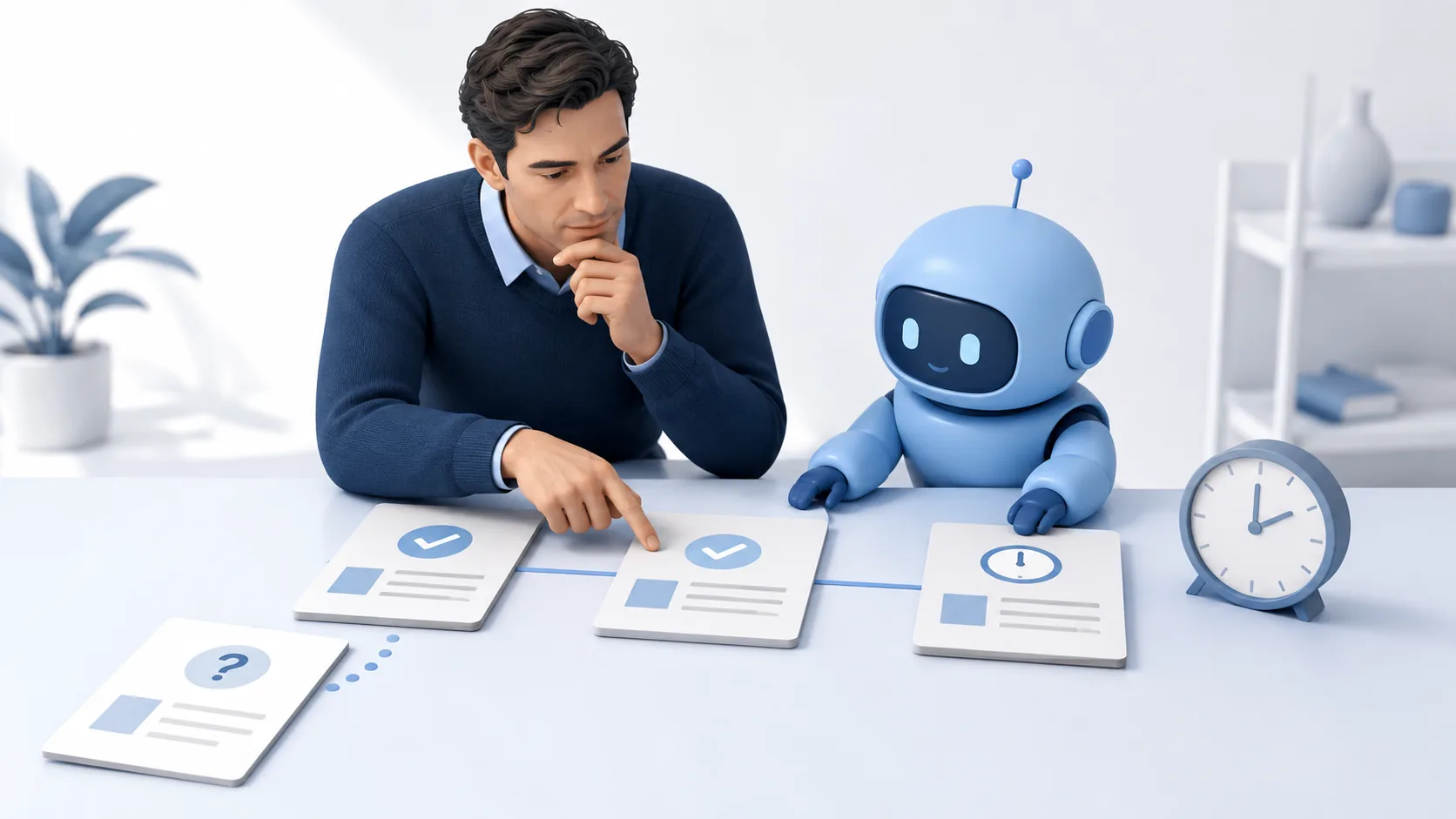 A human reviewer and blue AI assistant examine linked decision cards, a separate proposal and a clock marking future effect