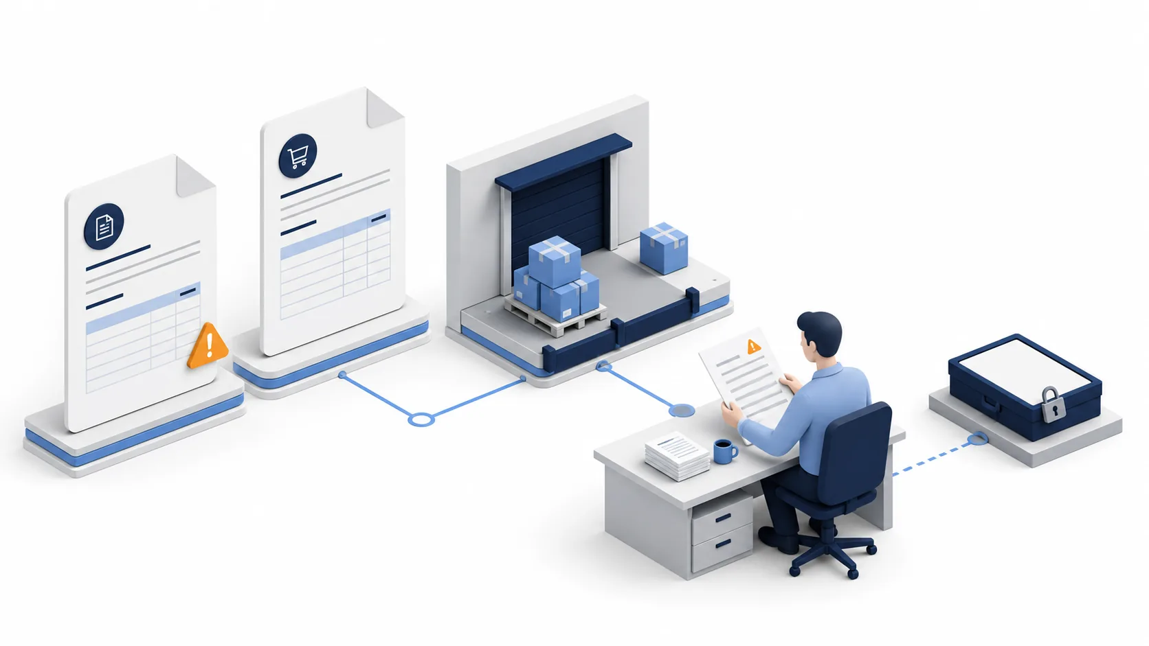 Invoice exception handling: documents and a partial delivery connect to a human reviewer while payment remains locked