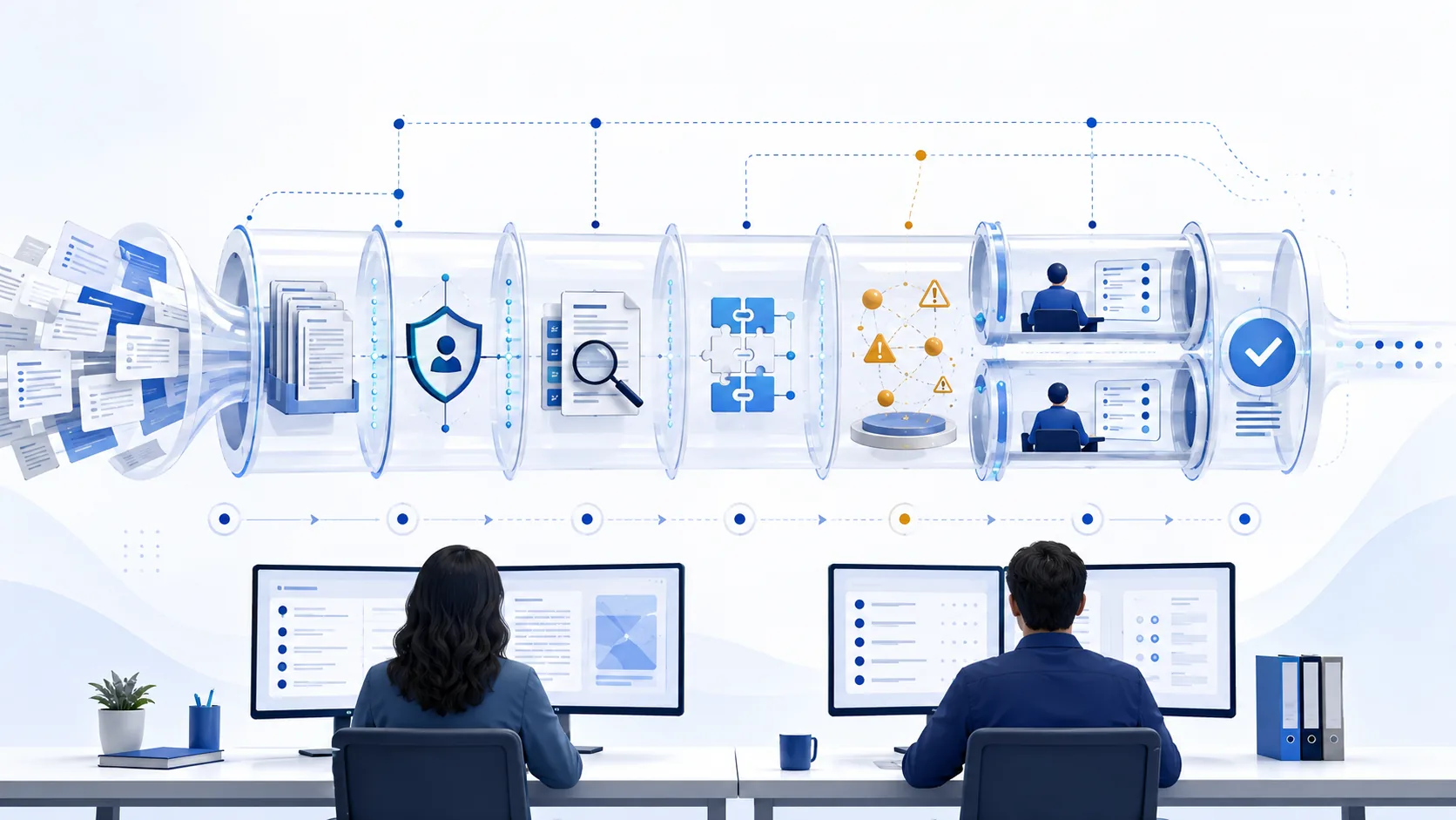 Anonymous applications move through seven transparent stages including accessibility, evidence extraction, uncertainty, two human review lanes, and an audit trail