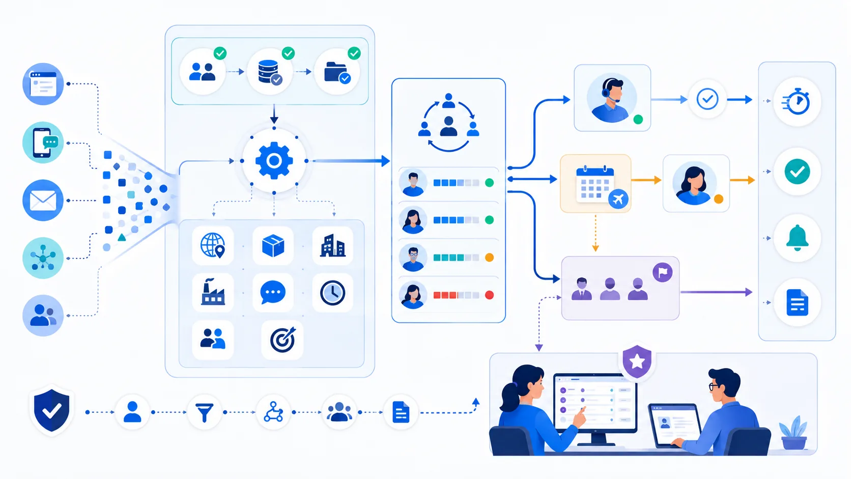 Governed lead routing system checking duplicates and ownership before matching territory, product, company size, industry, language, time zone, capacity, availability, fallback, SLA, and human review