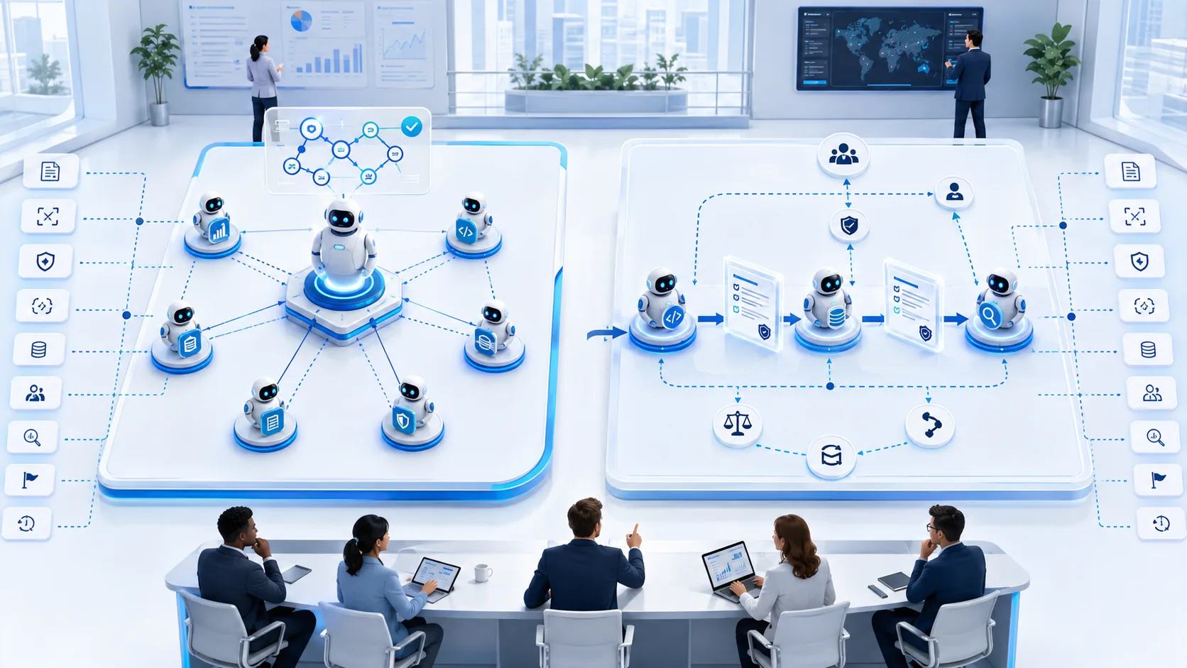 Team overseeing a manager-agent pattern and a structured specialist handoff path with permissions, validation, approval, tracing, and recovery checkpoints