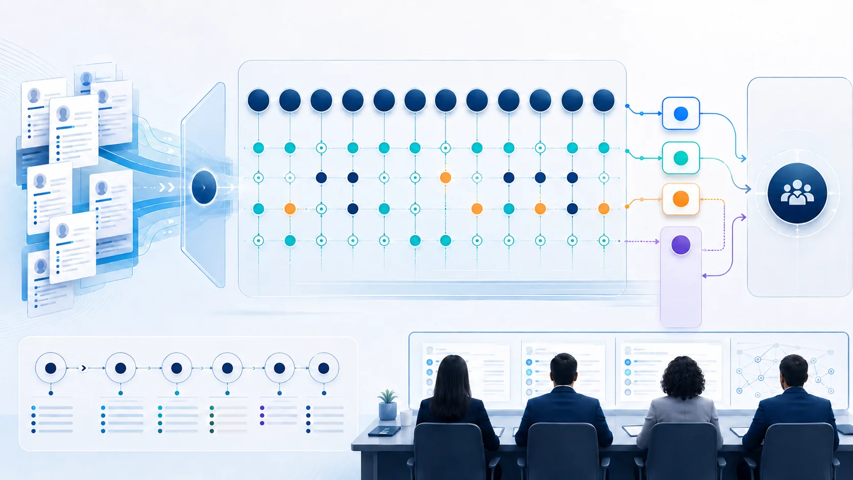 Anonymous resumes pass through a twelve-column evidence rubric, uncertainty and accommodation routes, and an empowered human hiring panel