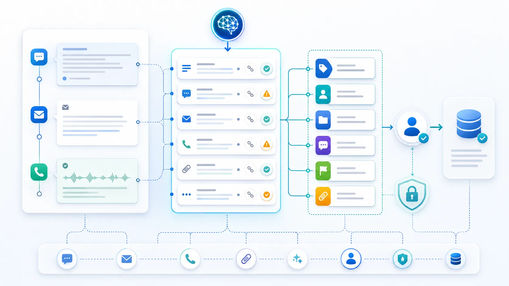 Multichannel support evidence is transformed into six distinct CRM fields, checked by a human, permission gate, and audit trail before database write