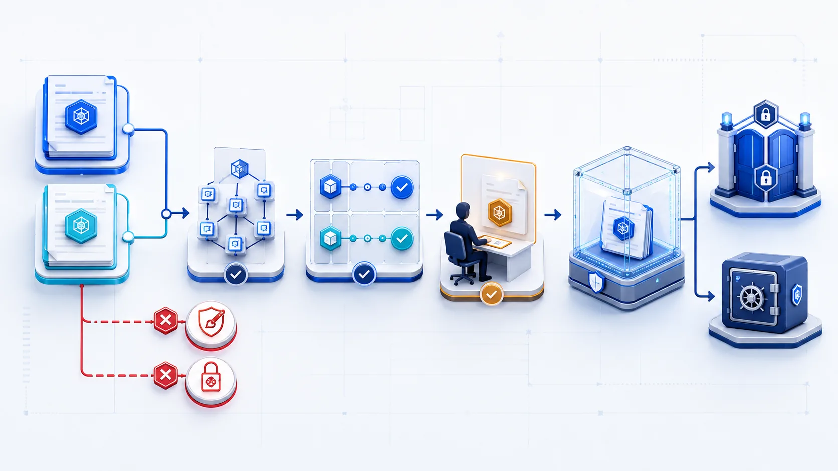 Two versioned prompt bundles pass through dependency binding, paired tests, human approval and bounded staging before a locked release or rollback decision, while two unsafe paths are rejected