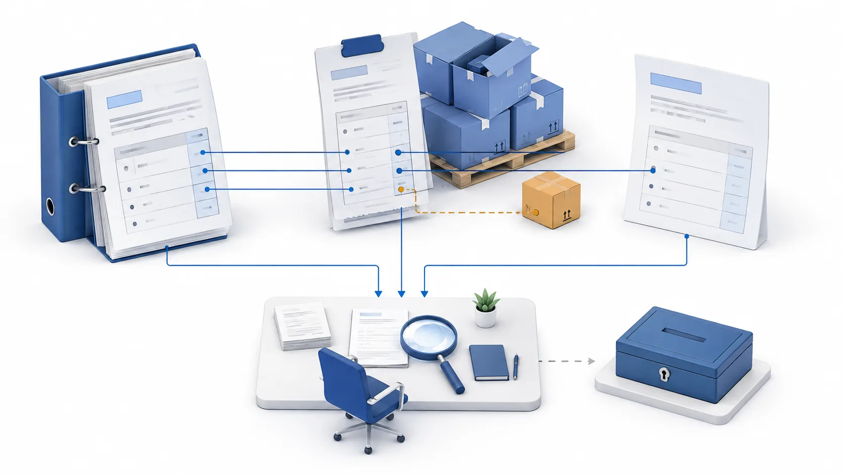 Three-way matching links purchase-order, delivery receipt and invoice lines to a review desk, with a return and separate payment control