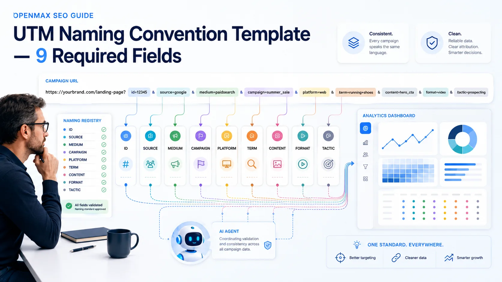 Nine governed UTM fields moving from a campaign URL through validation into analytics