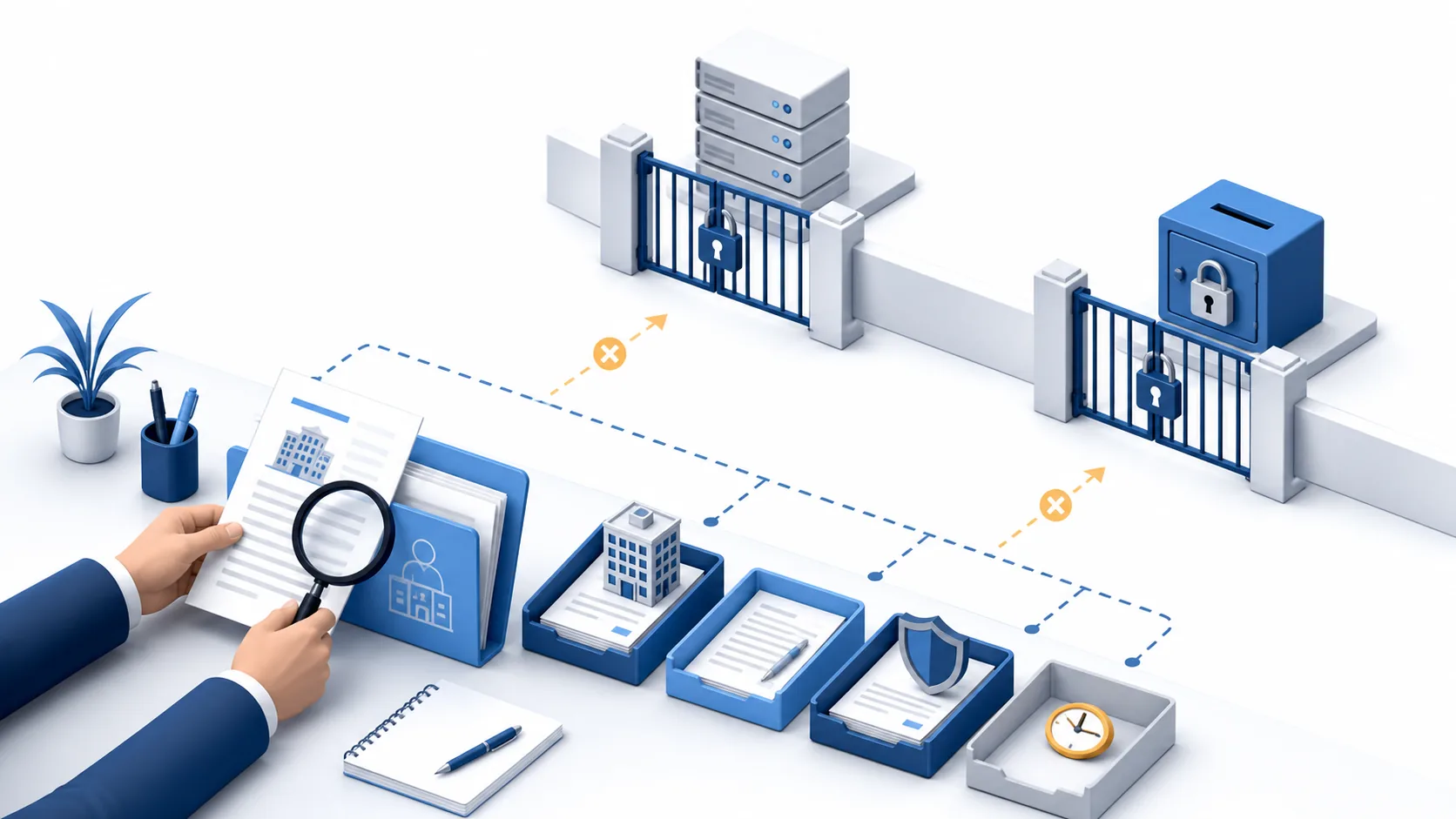 Supplier identity, contract, security and bank evidence at a review desk, with separate closed gates for data access and payment