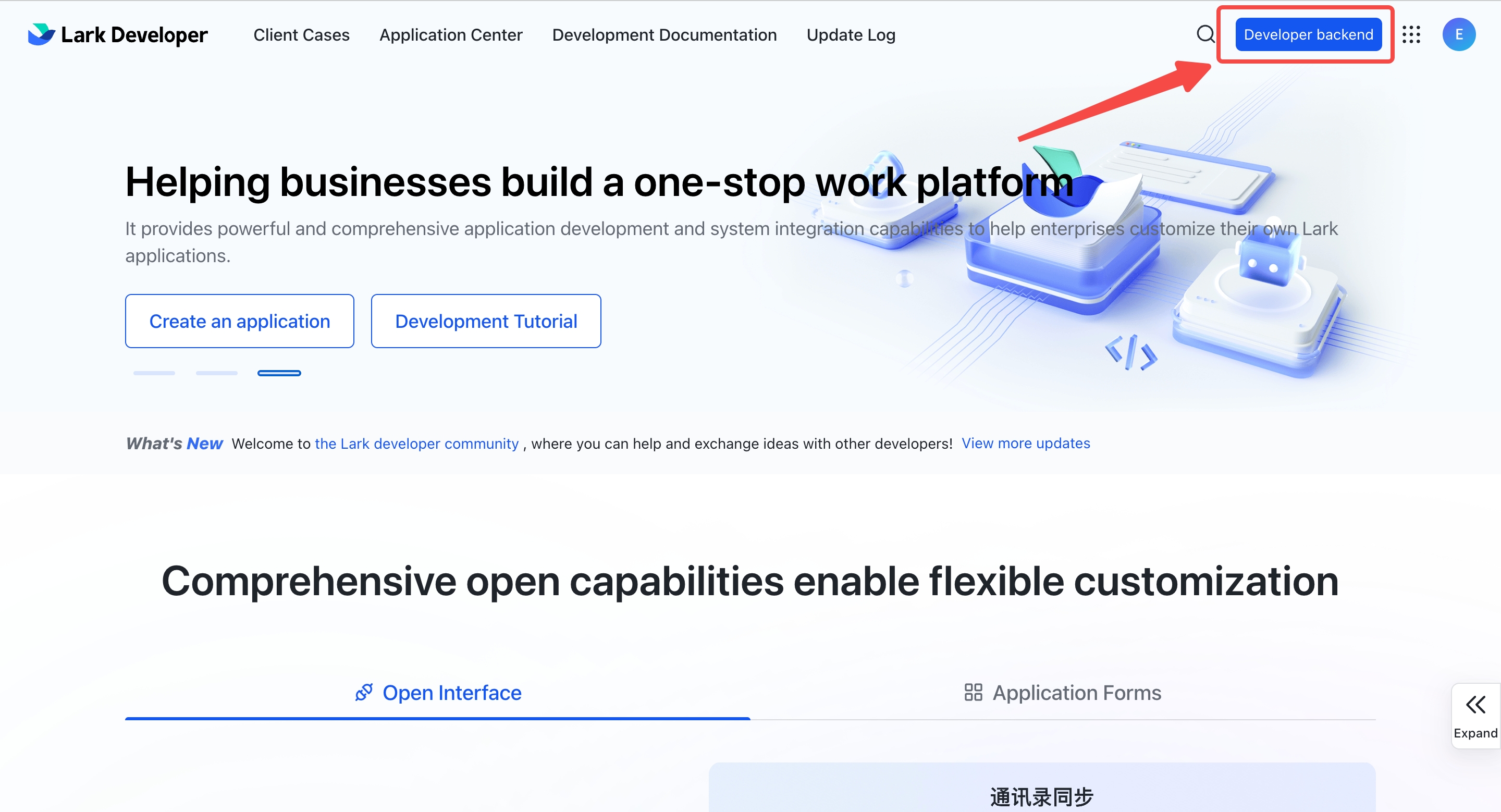 Lark Open Platform homepage — click Developer Backend in the top-right corner