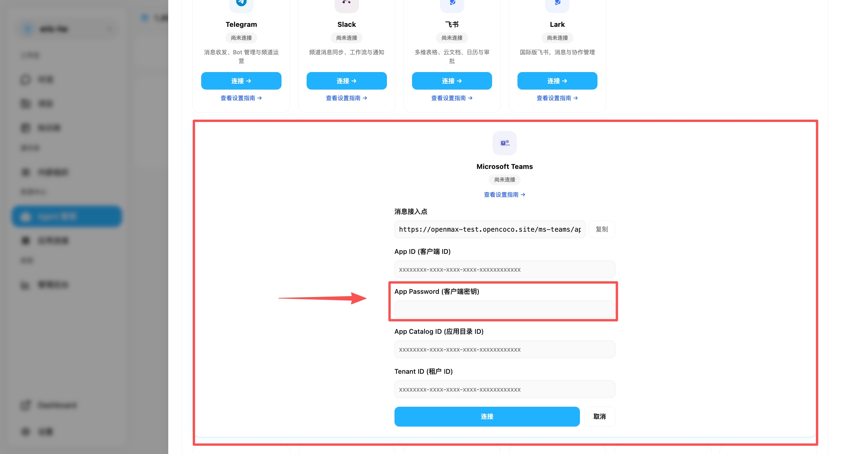 把密码的值粘贴到 OpenMax Workspace 对话入口的 App Password 字段