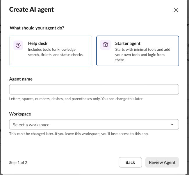 Enter a Slack AI Agent name and select a workspace